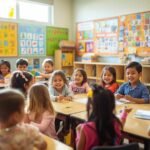 Multilingual kids engaging in a fun classroom activity, learning and interacting in a diverse environment that promotes language development