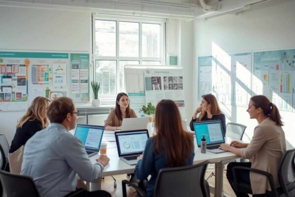 A group of professionals collaborating in a bright office, discussing strategies and analyzing data to improve nonprofit operations and efficiency