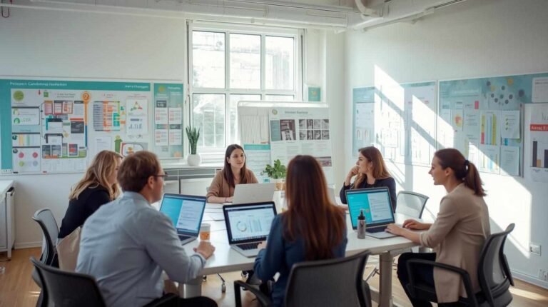 A group of professionals collaborating in a bright office, discussing strategies and analyzing data to improve nonprofit operations and efficiency