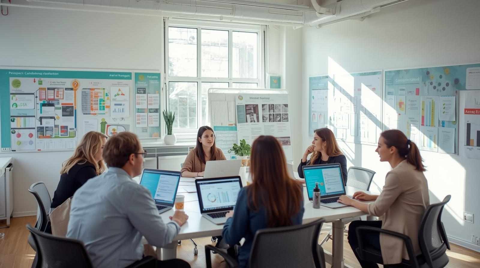 A group of professionals collaborating in a bright office, discussing strategies and analyzing data to improve nonprofit operations and efficiency