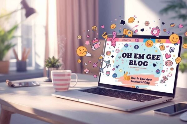 A laptop displaying the oh em gee blog on a cozy desk with playful icons, showcasing fun internet trends and pop culture content.