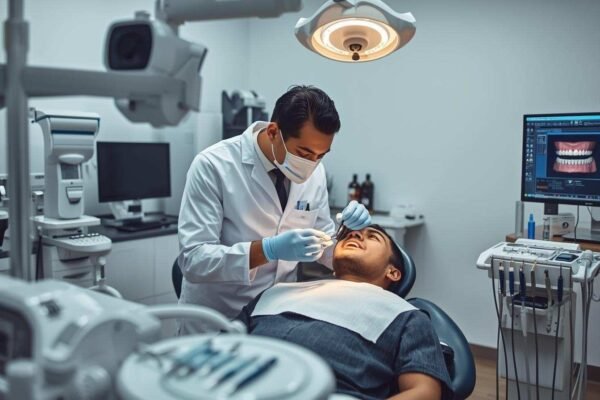 Orthodontist working on a patient in a modern dental office with advanced technology, including a computer screen displaying teeth images and orthodontic tools