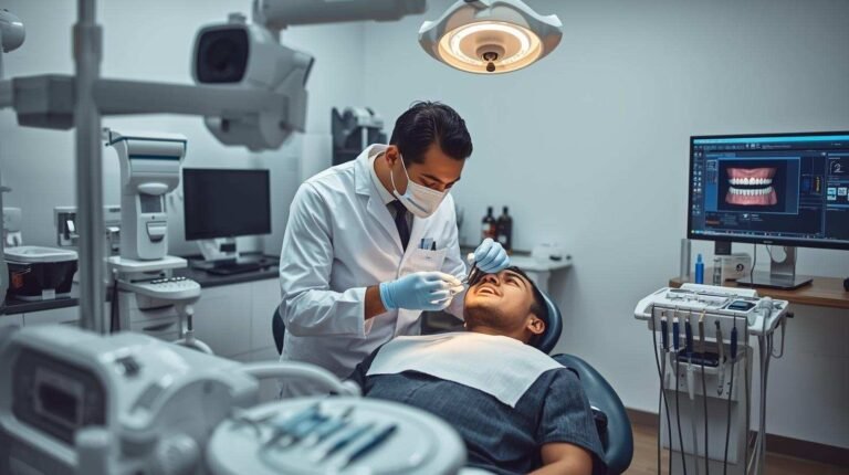 Orthodontist working on a patient in a modern dental office with advanced technology, including a computer screen displaying teeth images and orthodontic tools
