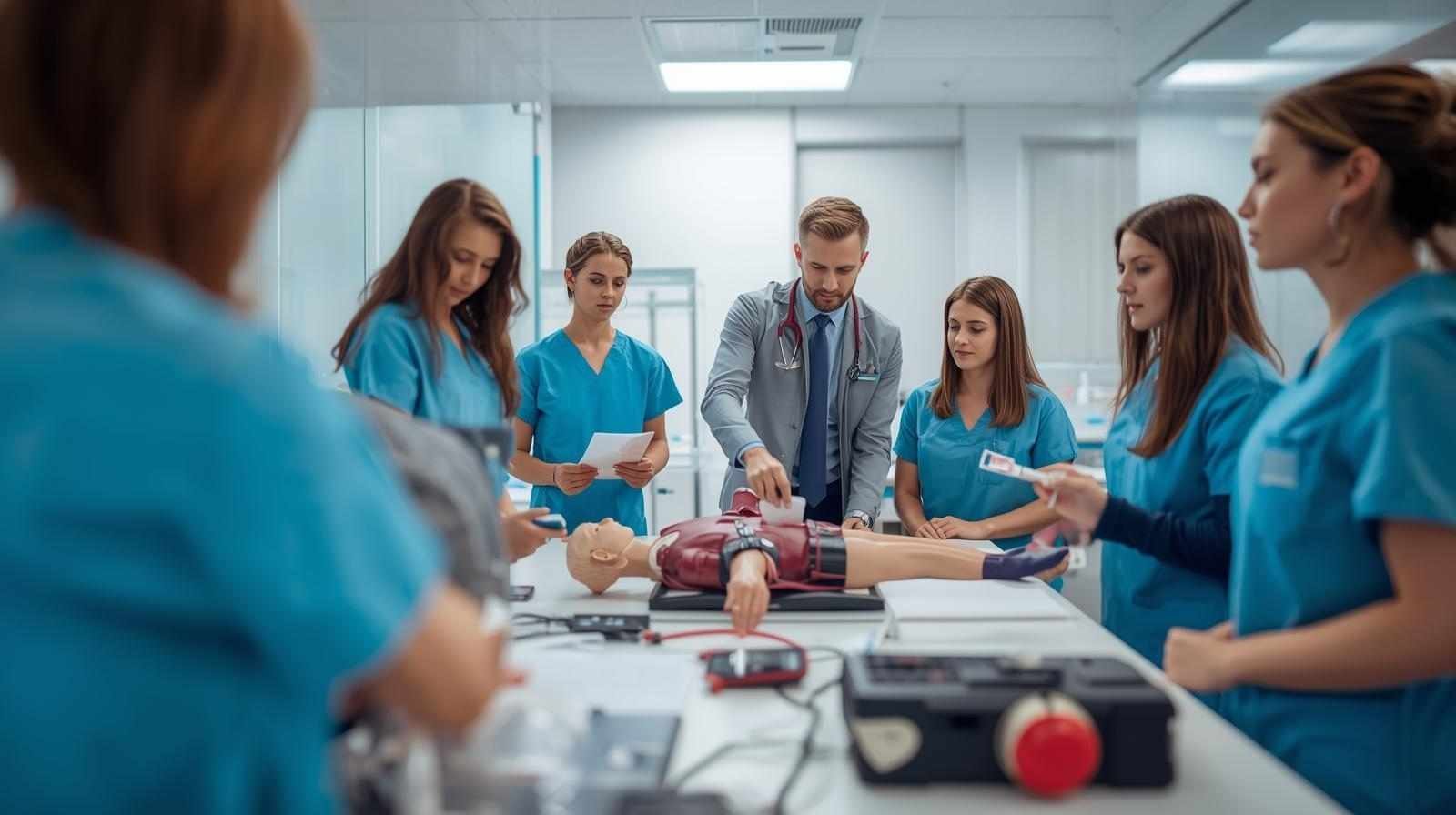 A group of students in blue scrubs attending phlebotomy training, with an instructor guiding them through hands-on practice using a training mannequin