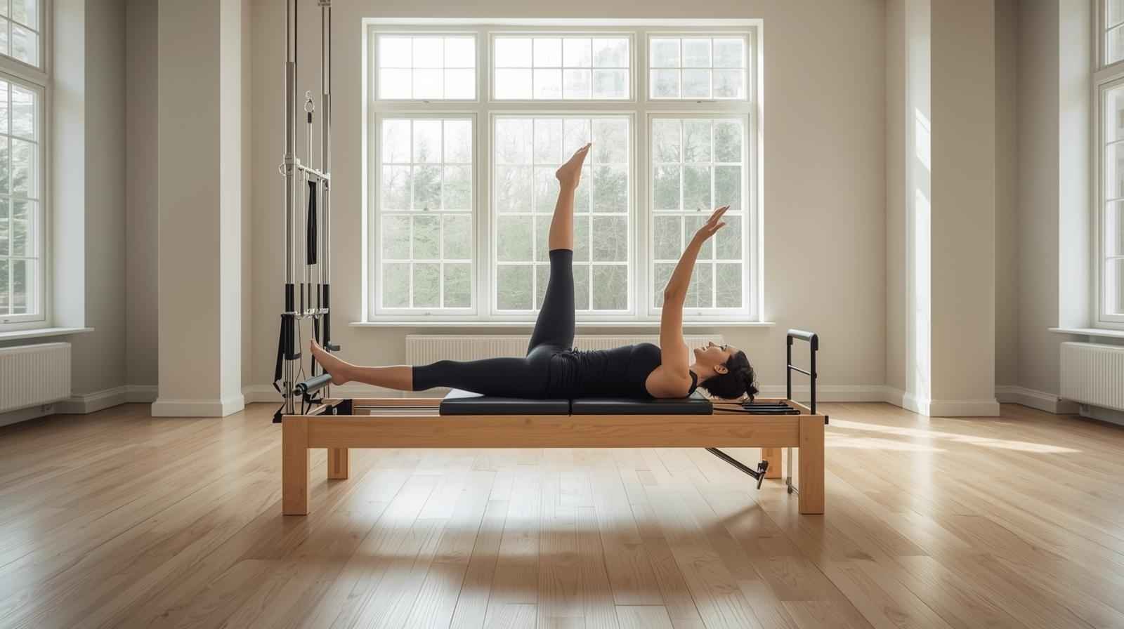A person practicing Pilates Reformer exercises on a machine in a bright, modern studio, focusing on strength and flexibility