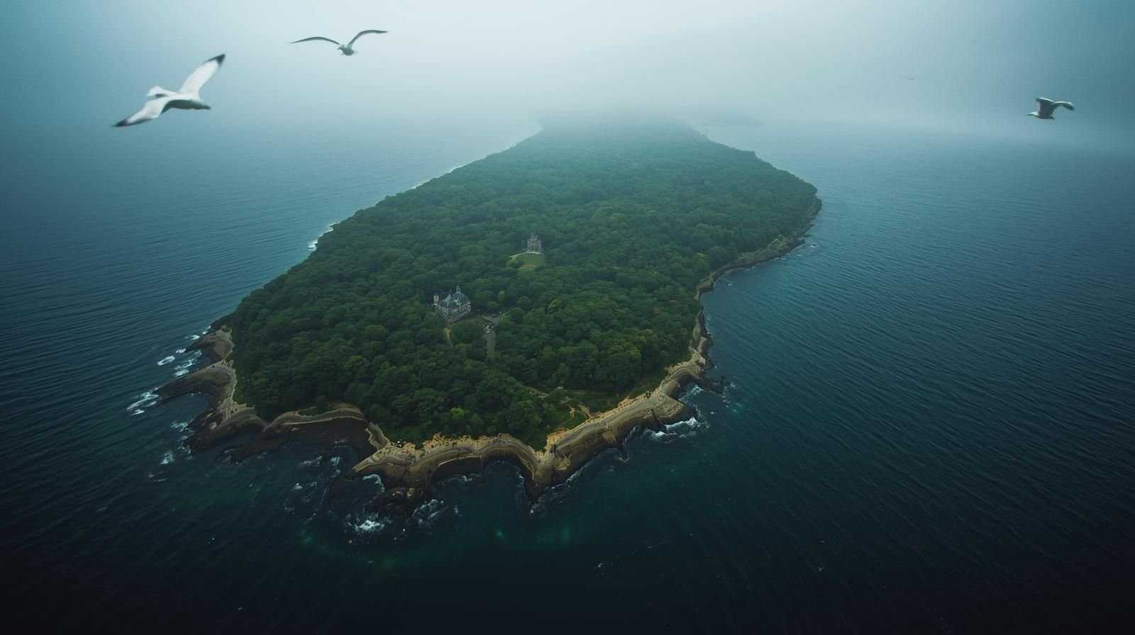Aerial view of Plum Island, Southold, NY 11957, showcasing its lush greenery, coastline, and historic structures surrounded by the ocean
