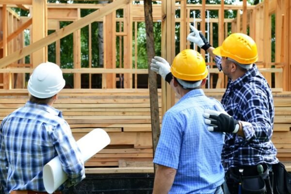 Construction workers discussing plans during a pre-construction survey on a building site, reviewing site conditions before starting construction.