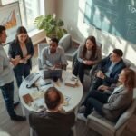 Team collaborating in a modern office during a professional sales coaching session, discussing strategies and analyzing performance charts