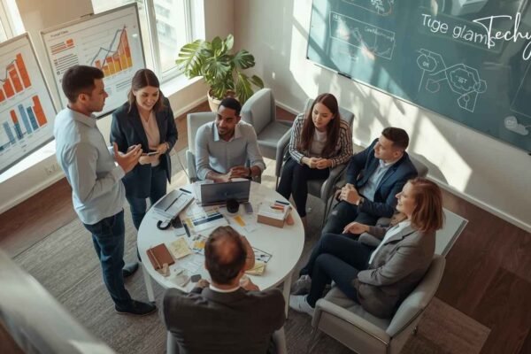 Team collaborating in a modern office during a professional sales coaching session, discussing strategies and analyzing performance charts