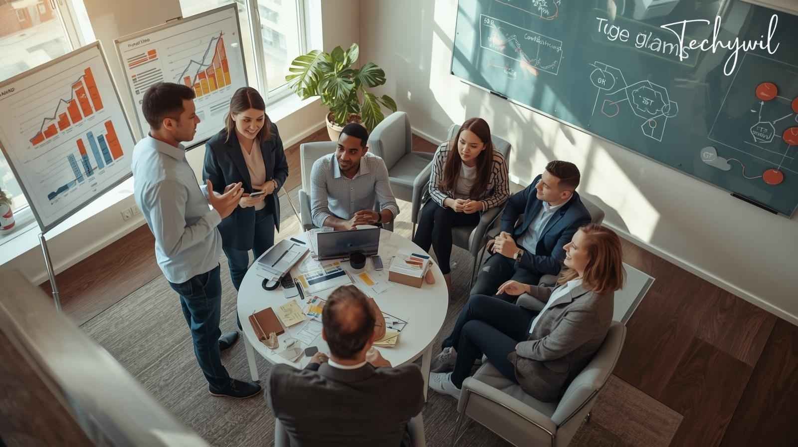 Team collaborating in a modern office during a professional sales coaching session, discussing strategies and analyzing performance charts