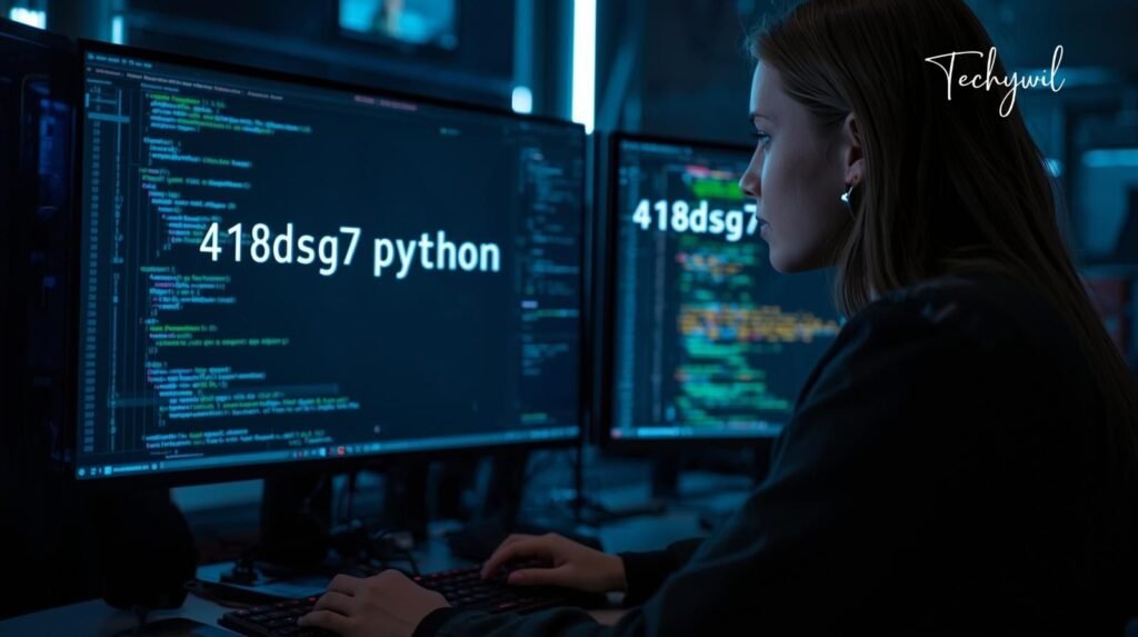 Python programmer analyzing 418dsg7 python code displayed on multiple screens in a modern tech workspace