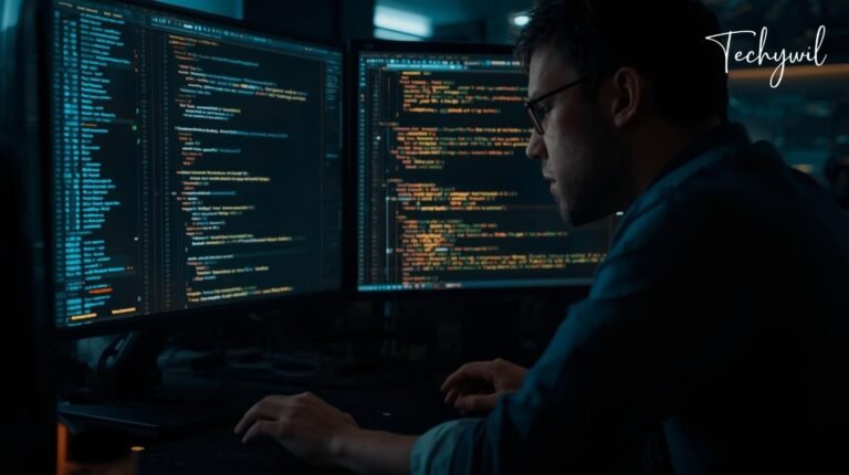 Python programmer working with code, focusing on 418dsg7 python identifier displayed on screen