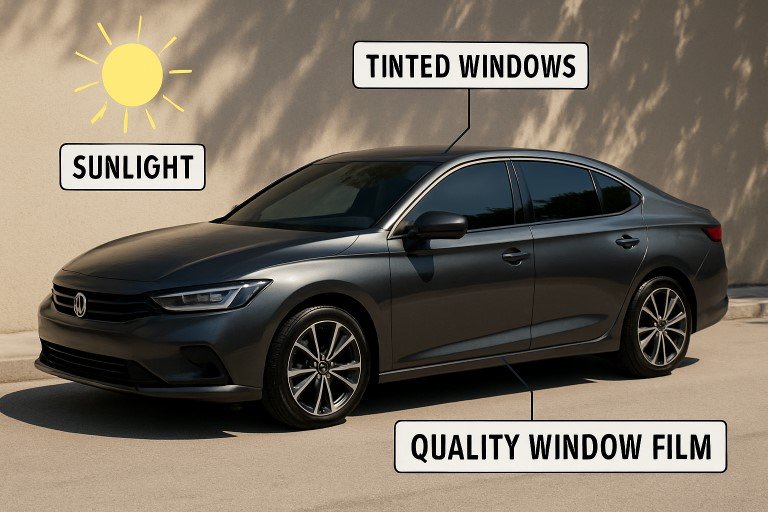 Car with tinted windows showcasing the benefits of quality window tinting, reducing sunlight exposure for better comfort