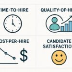 Recruitment Metrics illustrated through time-to-hire, quality-of-hire, cost-per-hire, and candidate satisfaction icons.