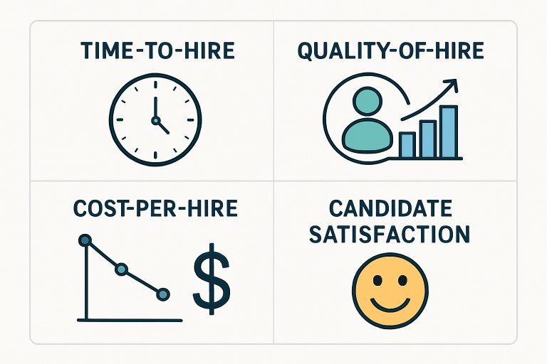 Recruitment Metrics illustrated through time-to-hire, quality-of-hire, cost-per-hire, and candidate satisfaction icons.