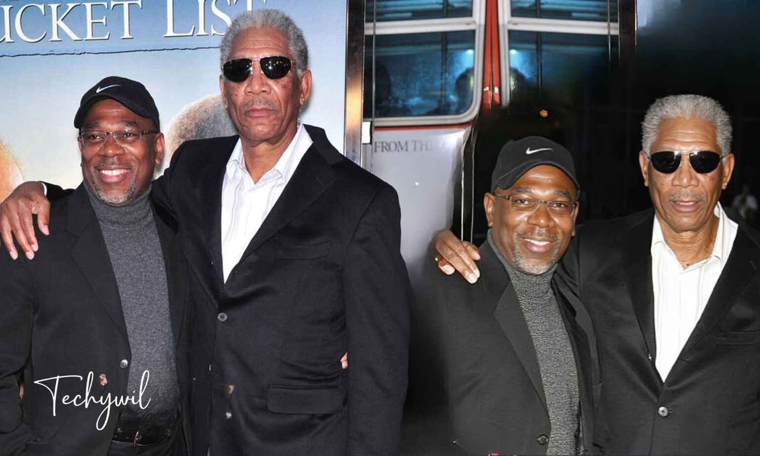 Saifoulaye Freeman with his father Morgan Freeman at a public event, both dressed in black suits and sunglasses