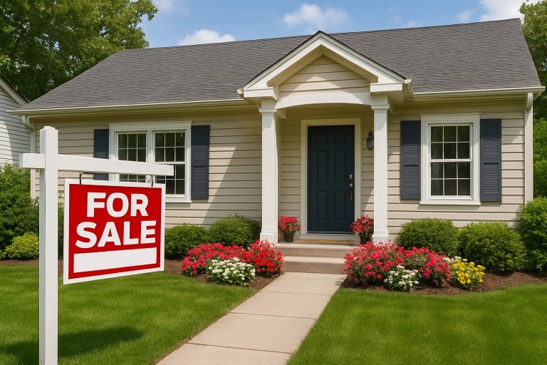 A well-maintained home with a 'For Sale' sign in front, showcasing the importance of curb appeal when selling your home