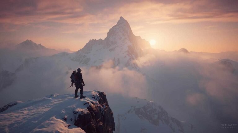 Climber stands at the peak of a snowy mountain during sunset, reflecting the challenges explored in the SEO optimization Arbicolix Mountain game review
