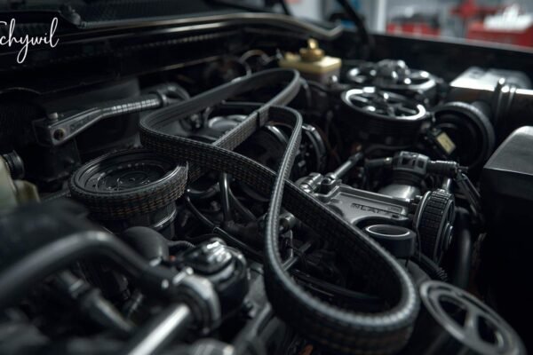 Close-up view of a car engine showing the serpentine belt and pulleys, used to explain serpentine belt replacement cost in automotive maintenance
