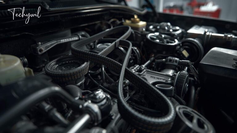 Close-up view of a car engine showing the serpentine belt and pulleys, used to explain serpentine belt replacement cost in automotive maintenance
