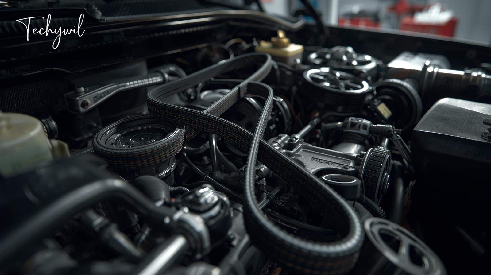 Close-up view of a car engine showing the serpentine belt and pulleys, used to explain serpentine belt replacement cost in automotive maintenance