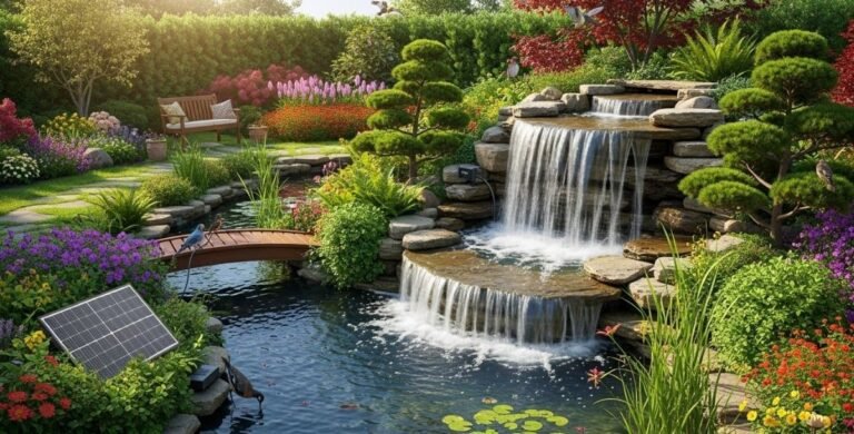 A beautiful garden with a cascading waterfall, lush flowers, and a Solar Fountain Pump enhancing the serene outdoor space with eco-friendly water flow
