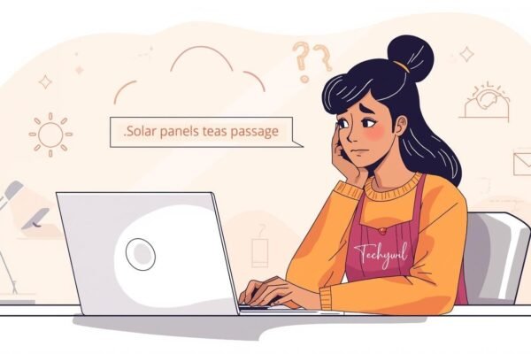 A confused woman sitting at a desk, staring at her laptop as the strange keyword “solar panels teas passage” appears on the screen, symbolizing SEO keyword confusion.