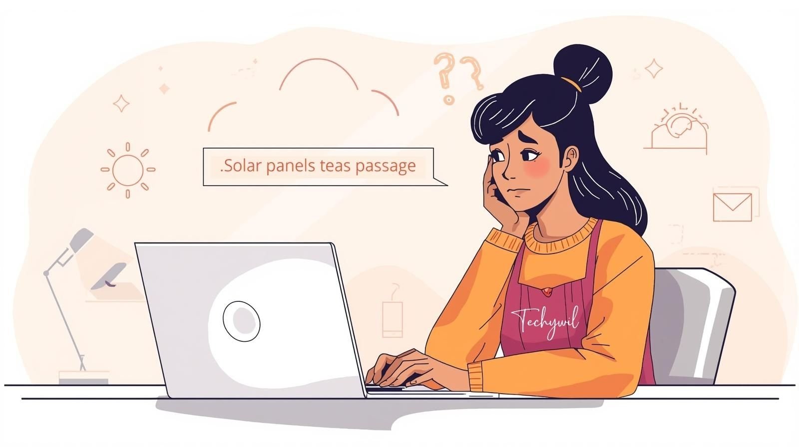 A confused woman sitting at a desk, staring at her laptop as the strange keyword “solar panels teas passage” appears on the screen, symbolizing SEO keyword confusion.