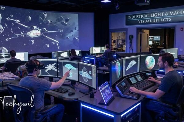 Artists at Industrial Light & Magic use advanced software to create Star Wars spaceship models and effects, showcasing Star Wars movie FX maker codes in action