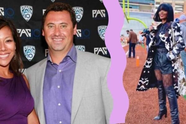 Public event image associated with Stephanie Sarkisian, showing a couple at a sports media backdrop and field.