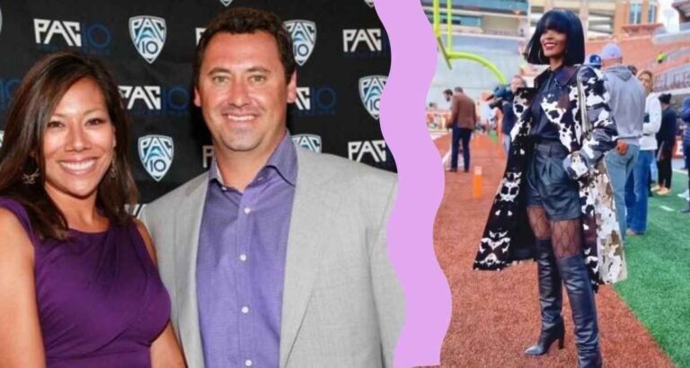 Public event image associated with Stephanie Sarkisian, showing a couple at a sports media backdrop and field.