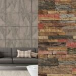 Comparison of modern and rustic stone veneer styles. On the left, a smooth, geometric modern stone veneer; on the right, an irregular, textured rustic stone veneer