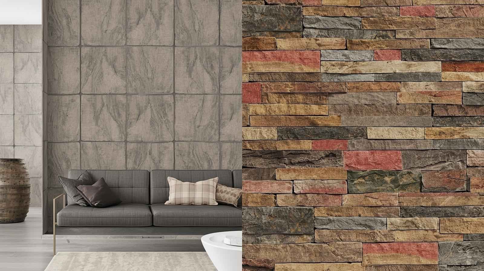 Comparison of modern and rustic stone veneer styles. On the left, a smooth, geometric modern stone veneer; on the right, an irregular, textured rustic stone veneer