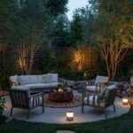 Sustainable outdoor living space with eco-friendly furniture, solar lighting, and natural landscaping, creating a tranquil evening retreat