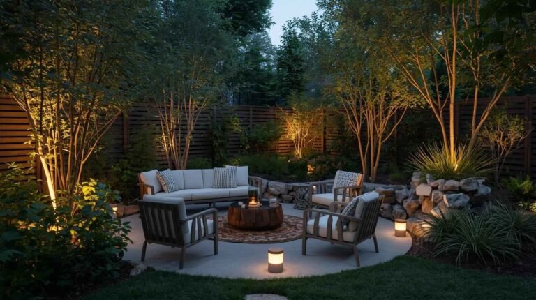 Sustainable outdoor living space with eco-friendly furniture, solar lighting, and natural landscaping, creating a tranquil evening retreat