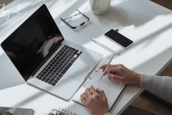 Workspace featuring a laptop, notebook, and phone, representing a productive environment in testissä