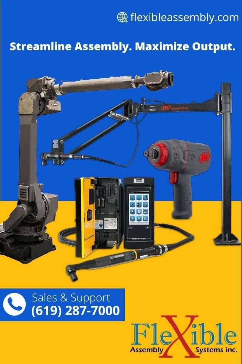 Torque Testers and Torque Screwdrivers for assembly efficiency, showing robotic arm, power tools, and calibration systems for precise torque control in production