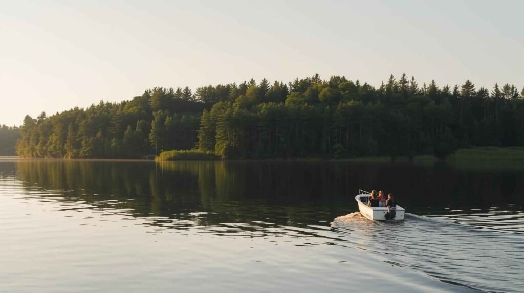Group of friends enjoying veneajelu on a calm lake, drifting past lush forests in Finland during sunset