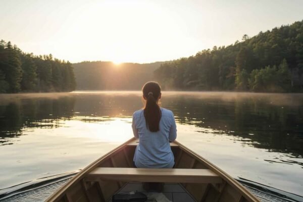 Person experiencing veneajelu, enjoying a peaceful boat ride at sunrise on a calm lake surrounded by nature in Finland