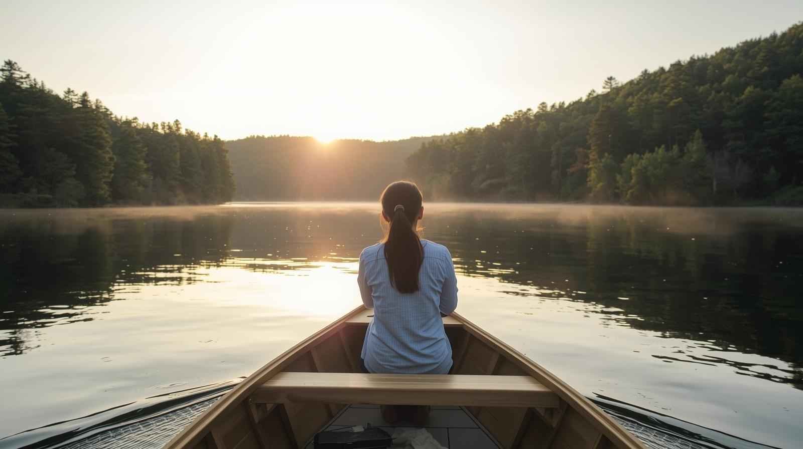 Person experiencing veneajelu, enjoying a peaceful boat ride at sunrise on a calm lake surrounded by nature in Finland