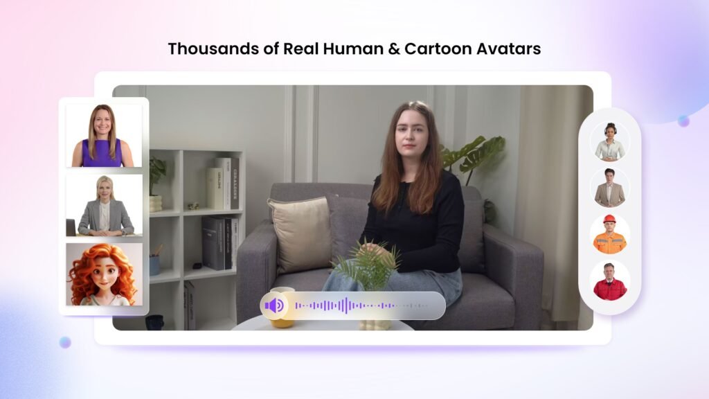 Vidnoz AI avatars offering both real human and cartoon characters for video creation