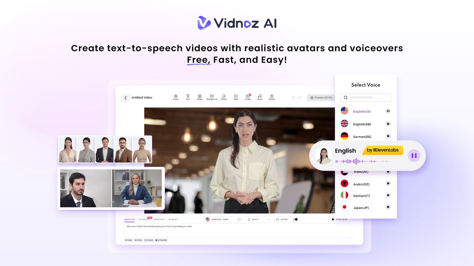 Vidnoz AI text-to-speech video creation with realistic avatars and voiceovers