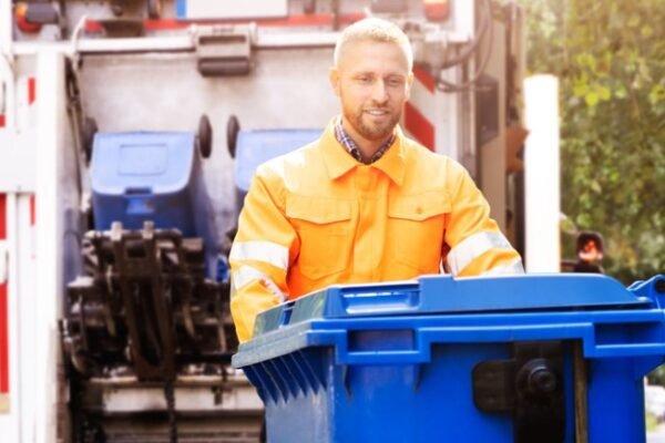 A waste removal worker in an orange uniform handles a blue trash bin near a waste truck, ensuring efficient waste management.