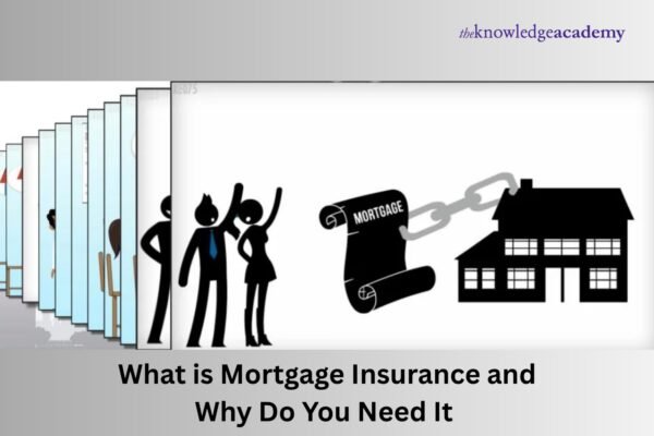 Illustration explaining what is mortgage insurance, showing people beside a mortgage contract connected to a house, representing how mortgage insurance protects lenders.