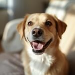 A happy dog sitting indoors with bright, clear eyes, helping illustrate why do dogs get eye boogers and what healthy eyes should look like.