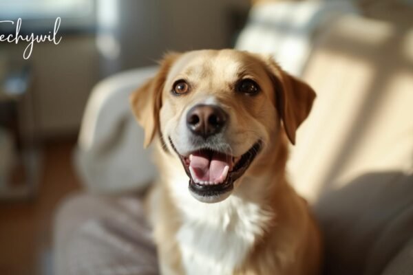 A happy dog sitting indoors with bright, clear eyes, helping illustrate why do dogs get eye boogers and what healthy eyes should look like.