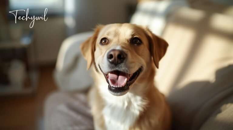 A happy dog sitting indoors with bright, clear eyes, helping illustrate why do dogs get eye boogers and what healthy eyes should look like.
