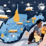 WV school closings map showing color-coded closures and delays, with snowflakes, storm clouds, and rural roads, and a family checking updates on a mobile phone