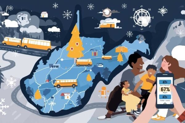WV school closings map showing color-coded closures and delays, with snowflakes, storm clouds, and rural roads, and a family checking updates on a mobile phone