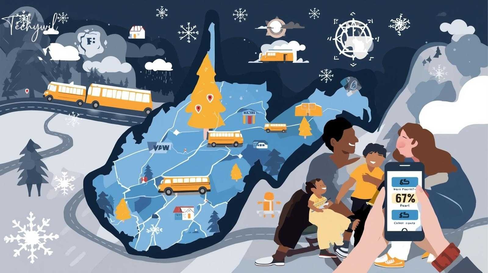 WV school closings map showing color-coded closures and delays, with snowflakes, storm clouds, and rural roads, and a family checking updates on a mobile phone